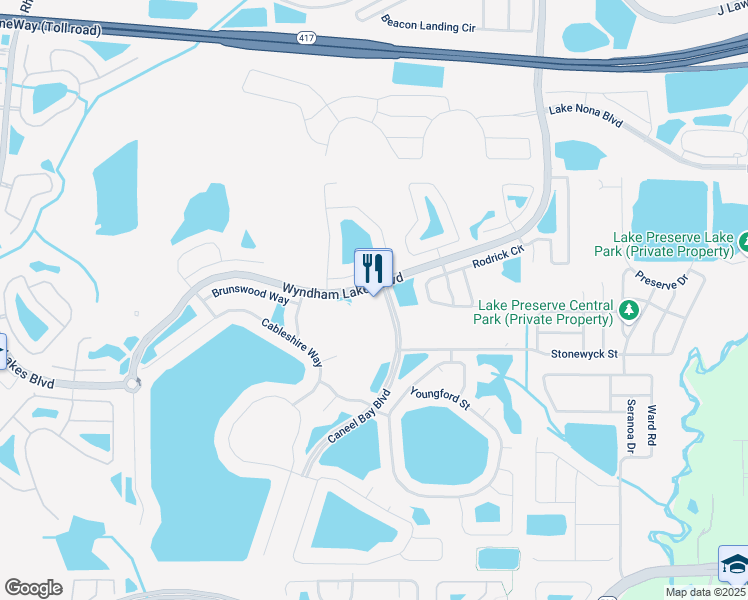 map of restaurants, bars, coffee shops, grocery stores, and more near 14848 Braywood Trail in Orlando