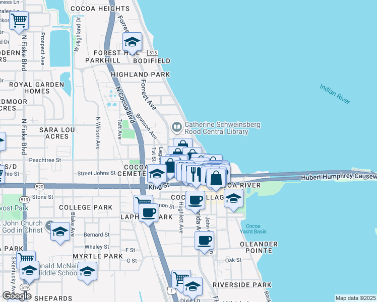map of restaurants, bars, coffee shops, grocery stores, and more near 115 Indian River Drive in Cocoa