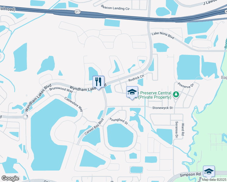 map of restaurants, bars, coffee shops, grocery stores, and more near 3442 Rodrick Circle in Orlando