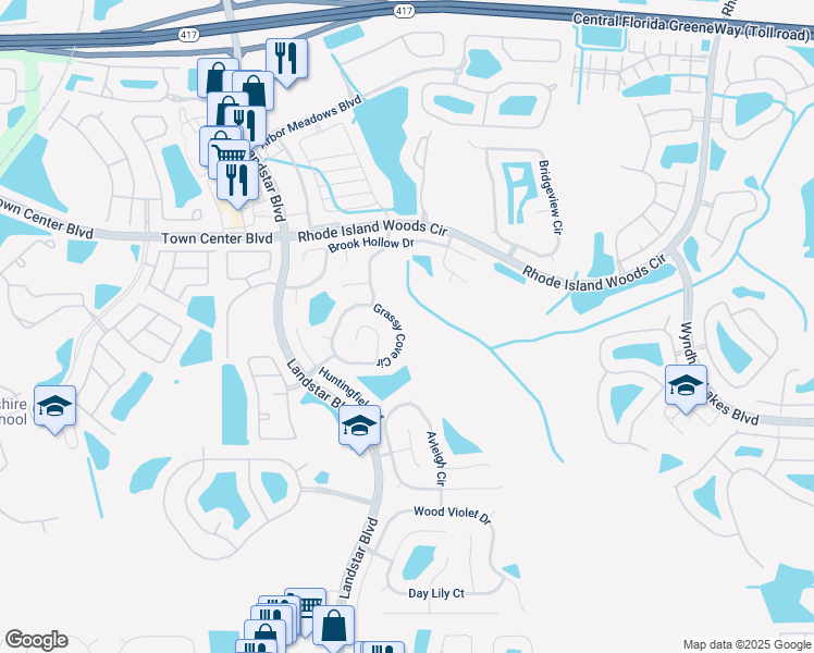 map of restaurants, bars, coffee shops, grocery stores, and more near 14548 Grassy Cove Circle in Orlando