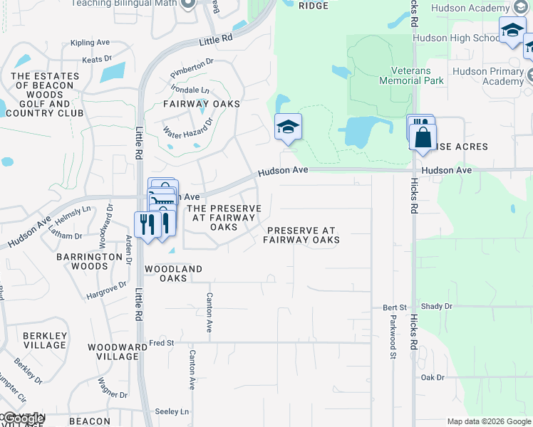 map of restaurants, bars, coffee shops, grocery stores, and more near 13819 Greyhawk Court in Hudson