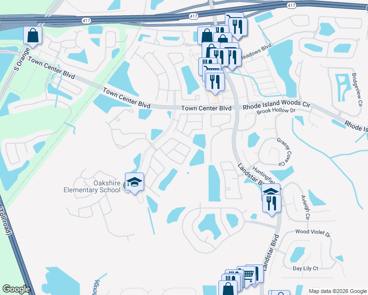 map of restaurants, bars, coffee shops, grocery stores, and more near 1101 Sandestin Way in Orlando