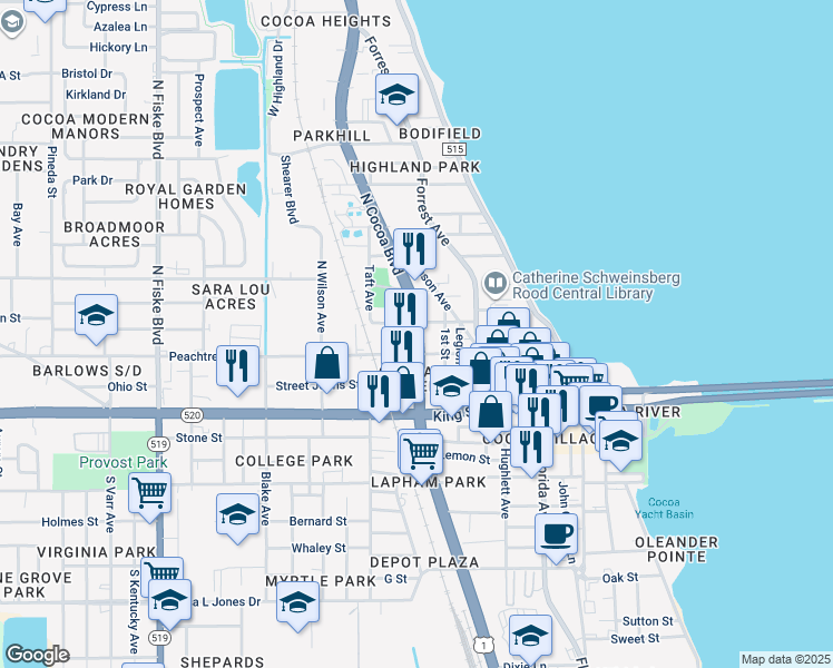 map of restaurants, bars, coffee shops, grocery stores, and more near 19 North Cocoa Boulevard in Cocoa