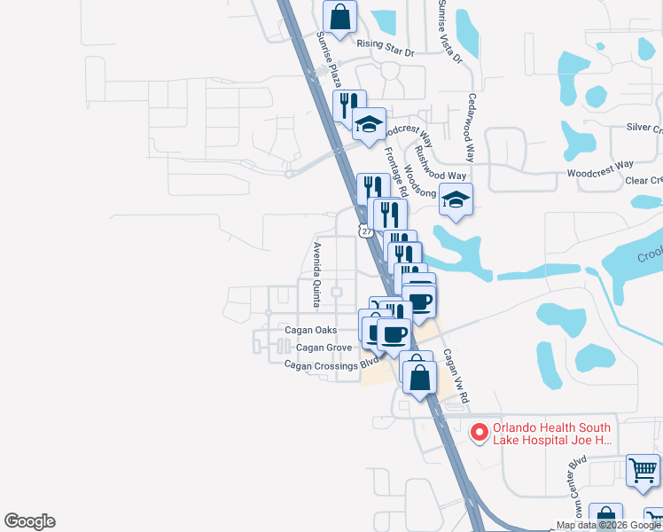 map of restaurants, bars, coffee shops, grocery stores, and more near 16521 Libra Street in Clermont