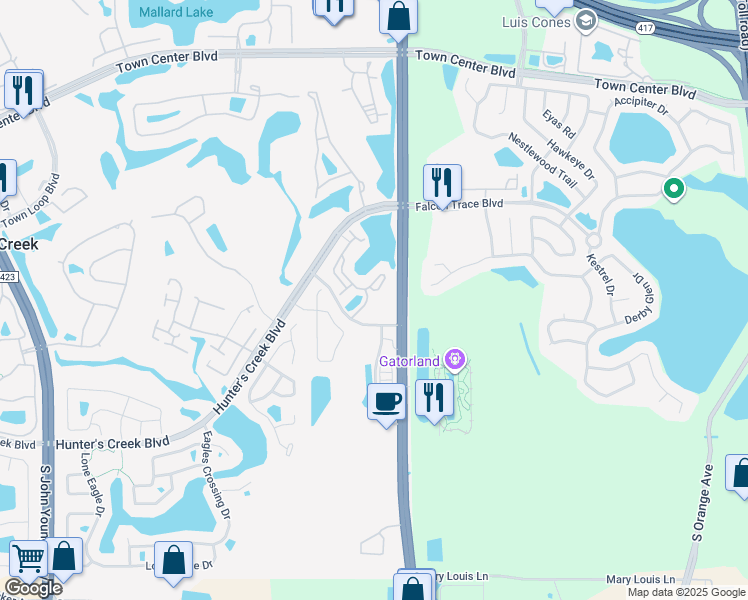 map of restaurants, bars, coffee shops, grocery stores, and more near 14341 Fredricksburg Drive in Orlando