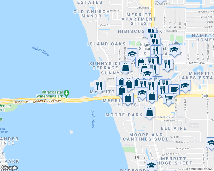 map of restaurants, bars, coffee shops, grocery stores, and more near 134 Starboard Lane in Merritt Island