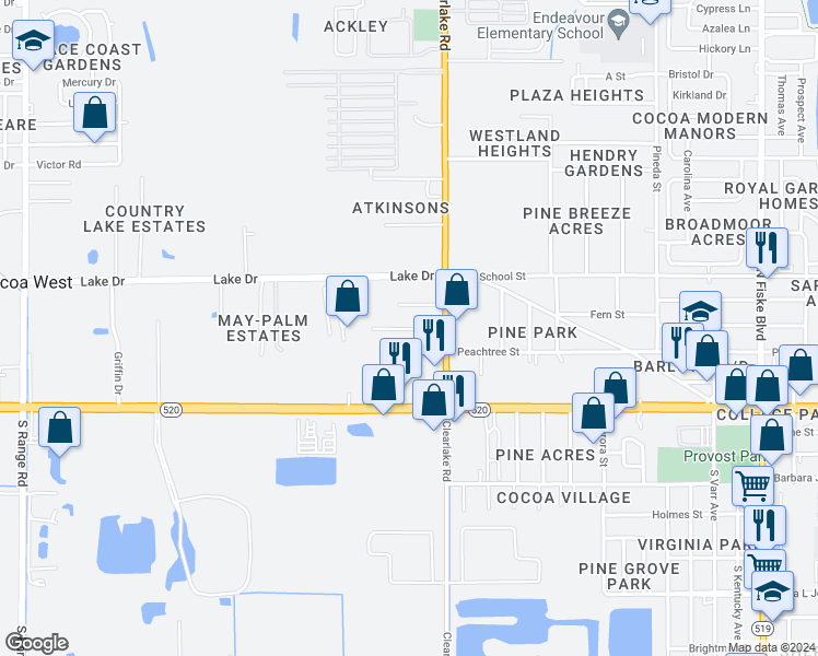 map of restaurants, bars, coffee shops, grocery stores, and more near 1628 Sue Drive in Cocoa