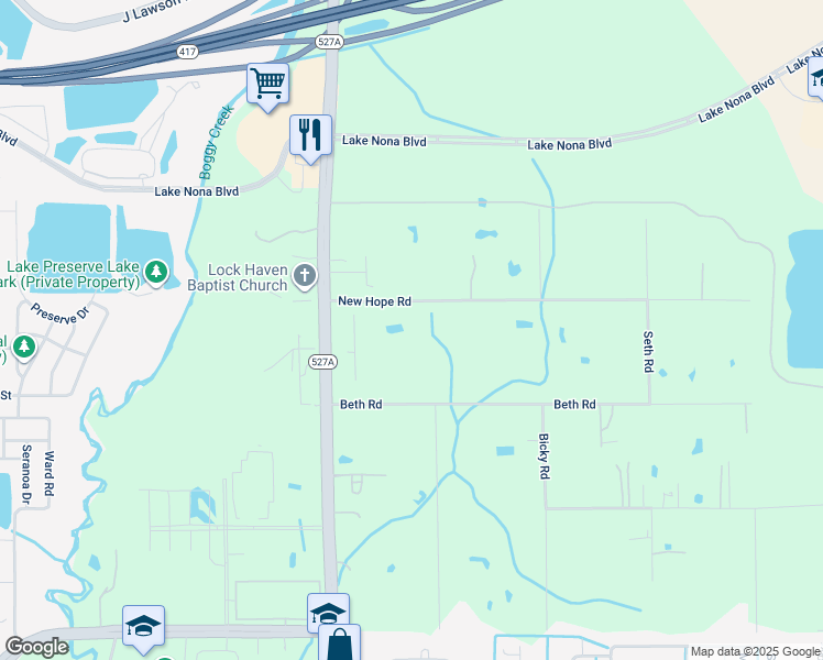 map of restaurants, bars, coffee shops, grocery stores, and more near 6378 New Hope Road in Orlando