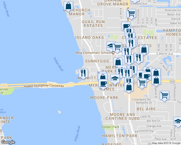 map of restaurants, bars, coffee shops, grocery stores, and more near 133 Starboard Lane in Merritt Island