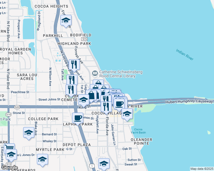 map of restaurants, bars, coffee shops, grocery stores, and more near 115 Indian River Drive in Cocoa