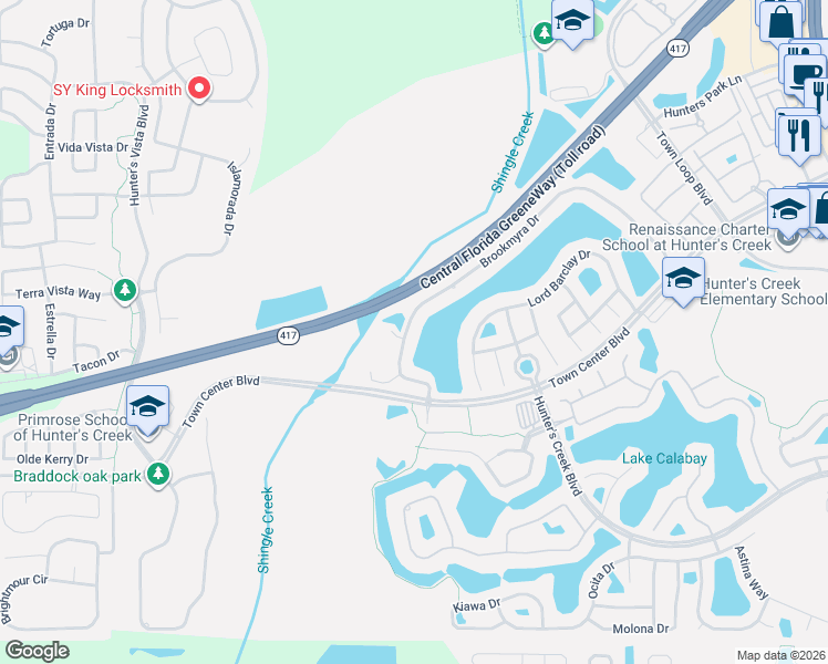map of restaurants, bars, coffee shops, grocery stores, and more near 4174 Brookmyra Drive in Orlando