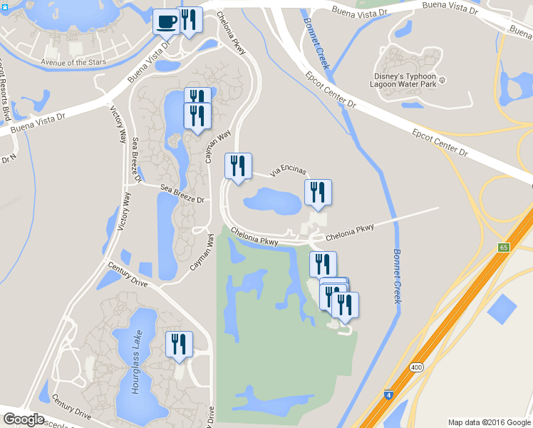 map of restaurants, bars, coffee shops, grocery stores, and more near 9620 Via Encinas in Orlando