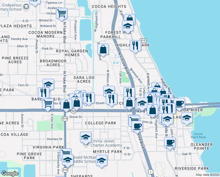 map of restaurants, bars, coffee shops, grocery stores, and more near 150 North Wilson Avenue in Cocoa