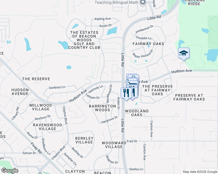 map of restaurants, bars, coffee shops, grocery stores, and more near 13843 Woodward Drive in Hudson