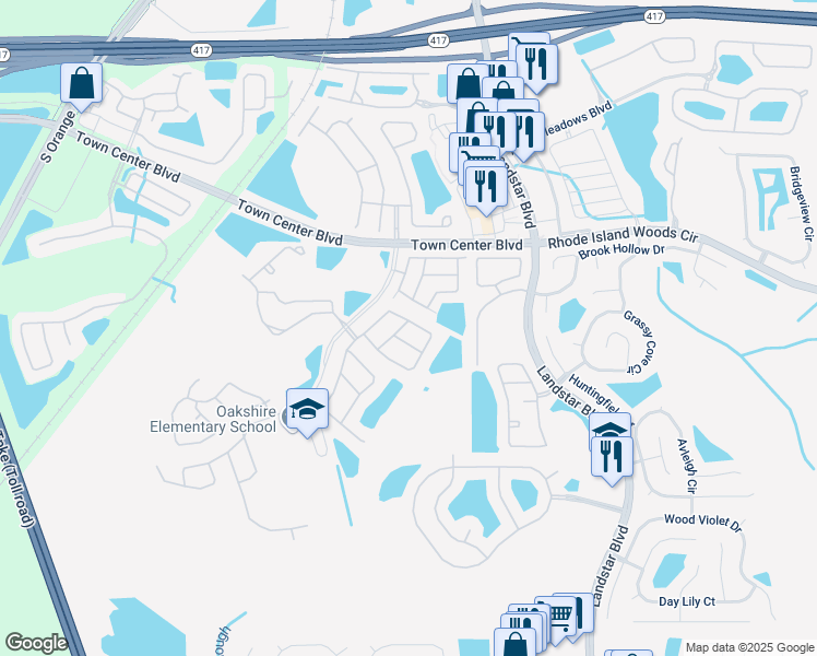 map of restaurants, bars, coffee shops, grocery stores, and more near 1323 Timberbend Circle in Orlando