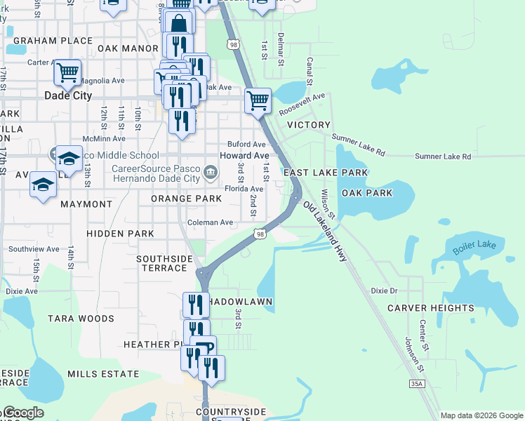 map of restaurants, bars, coffee shops, grocery stores, and more near 13814 1st Street in Dade City