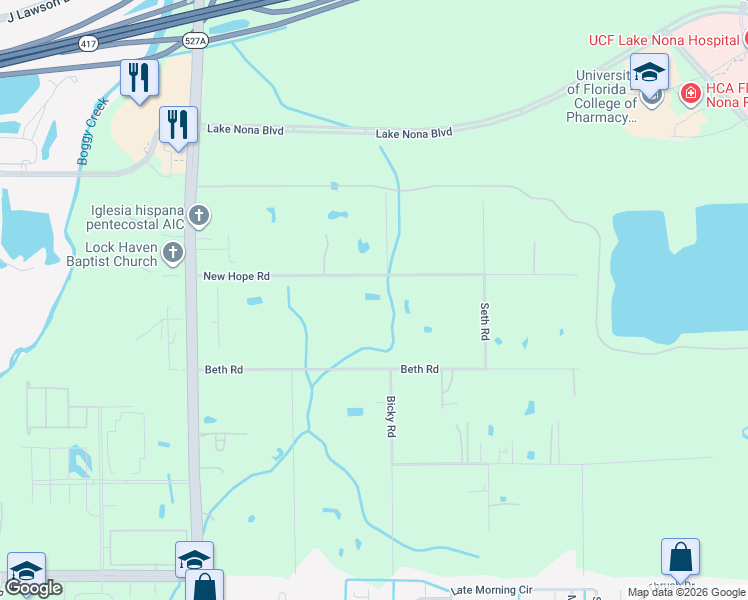 map of restaurants, bars, coffee shops, grocery stores, and more near 6464 New Hope Road in Orlando