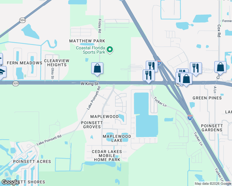 map of restaurants, bars, coffee shops, grocery stores, and more near 100 Maplewood Boulevard in Cocoa