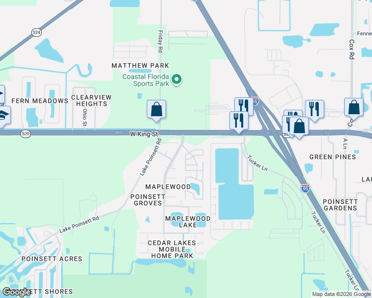 map of restaurants, bars, coffee shops, grocery stores, and more near 100 Maplewood Boulevard in Cocoa
