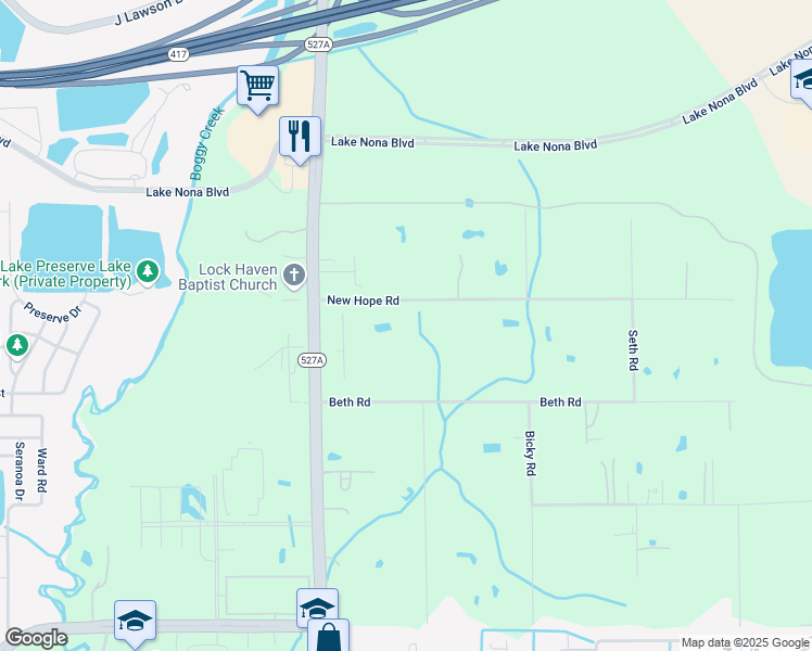 map of restaurants, bars, coffee shops, grocery stores, and more near 6378 New Hope Road in Orlando