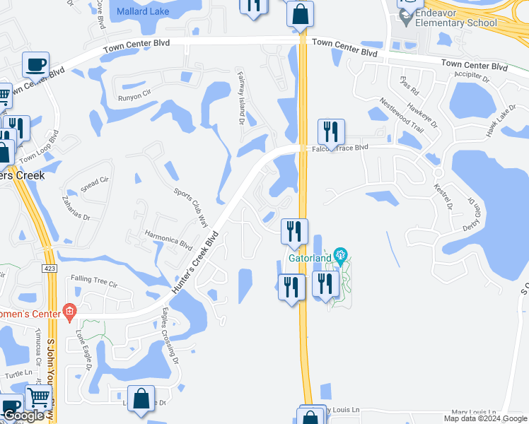 map of restaurants, bars, coffee shops, grocery stores, and more near 14229 Falls Church Drive in Orlando