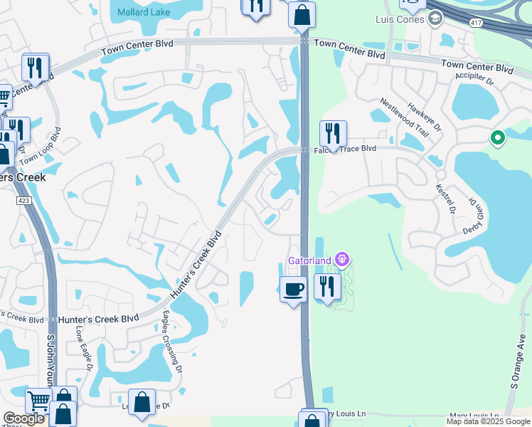 map of restaurants, bars, coffee shops, grocery stores, and more near 14229 Falls Church Drive in Orlando