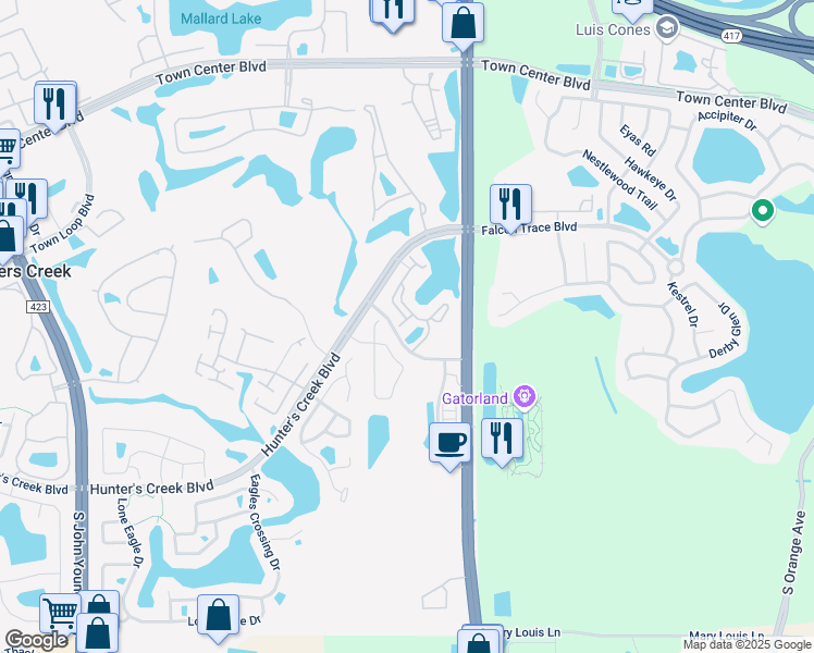 map of restaurants, bars, coffee shops, grocery stores, and more near 14316 Fredricksburg Drive in Orlando