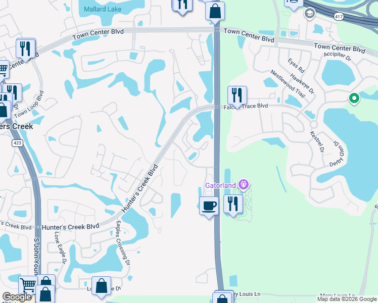 map of restaurants, bars, coffee shops, grocery stores, and more near 14229 Falls Church Drive in Orlando