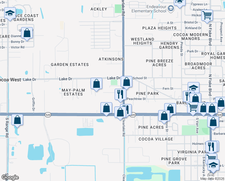 map of restaurants, bars, coffee shops, grocery stores, and more near 1628 Sue Drive in Cocoa