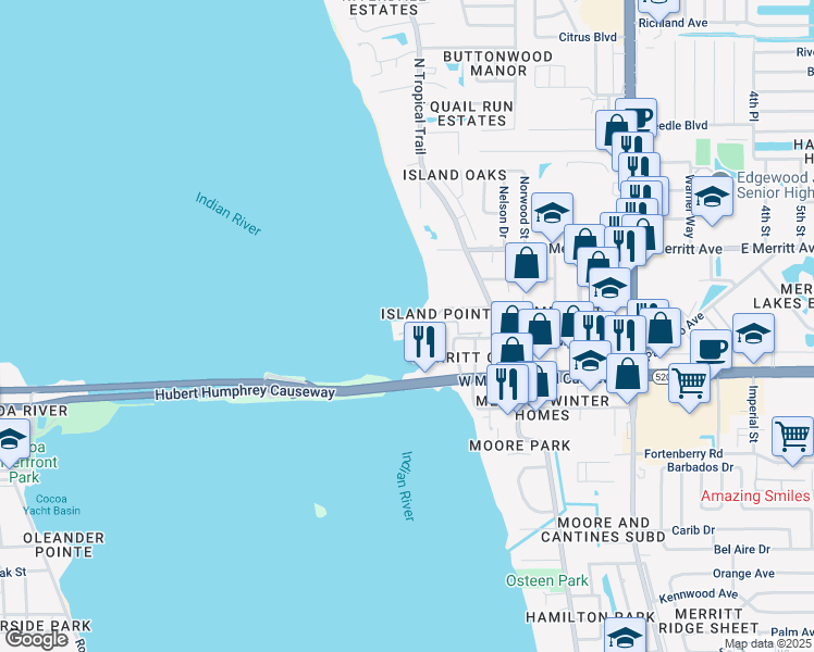 map of restaurants, bars, coffee shops, grocery stores, and more near 123 Starboard Lane in Merritt Island