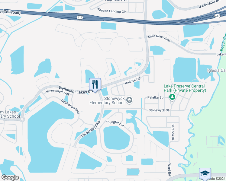 map of restaurants, bars, coffee shops, grocery stores, and more near 3361 Rodrick Circle in Orlando
