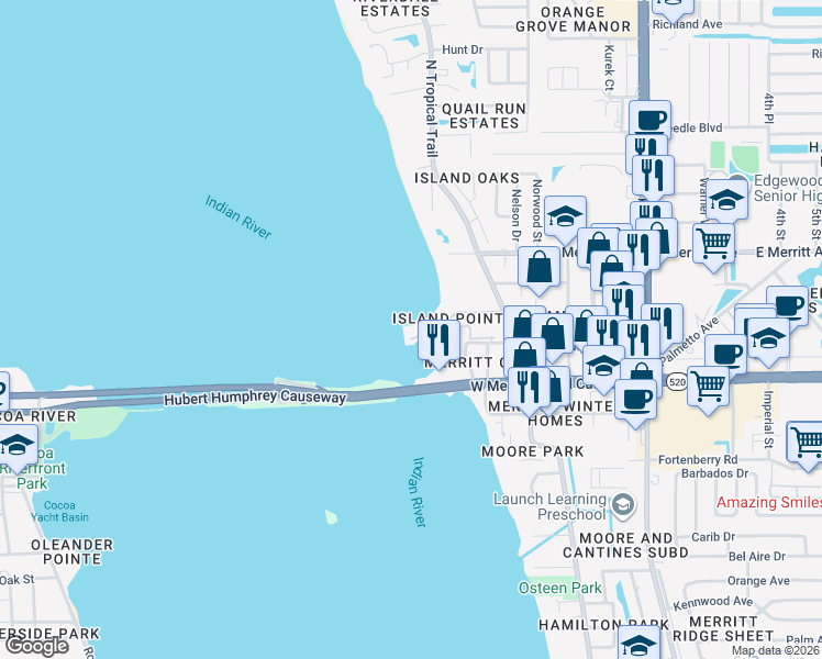 map of restaurants, bars, coffee shops, grocery stores, and more near 134 Starboard Lane in Merritt Island