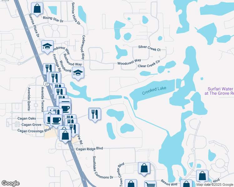 map of restaurants, bars, coffee shops, grocery stores, and more near 1025 Winding Water Way in Clermont