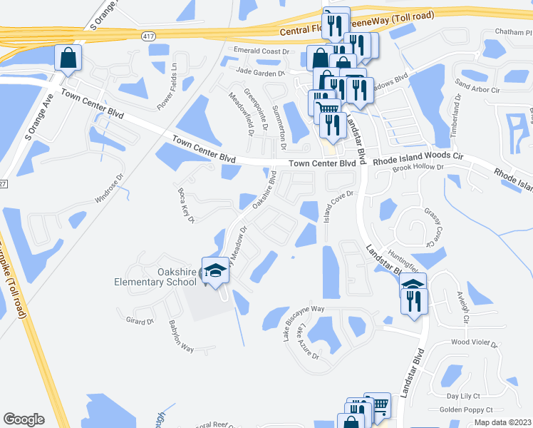 map of restaurants, bars, coffee shops, grocery stores, and more near 1405 Timberbend Circle in Orlando