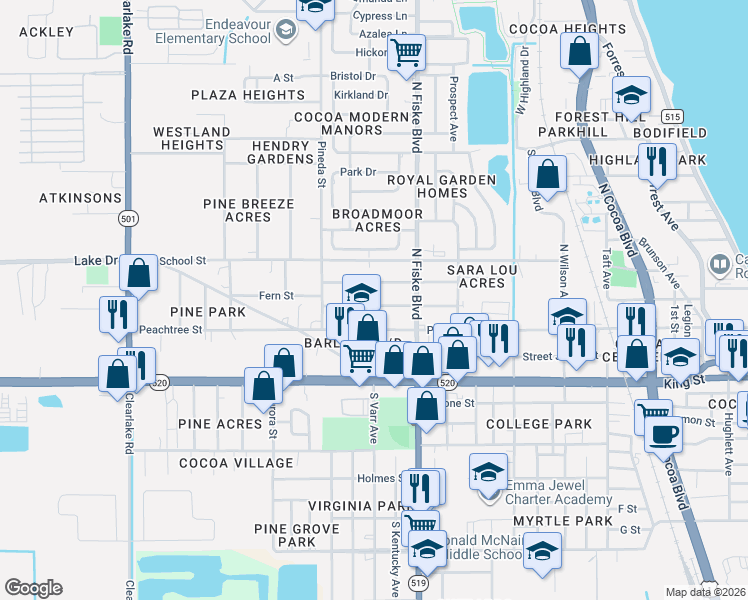 map of restaurants, bars, coffee shops, grocery stores, and more near 1054 Fern Avenue in Cocoa