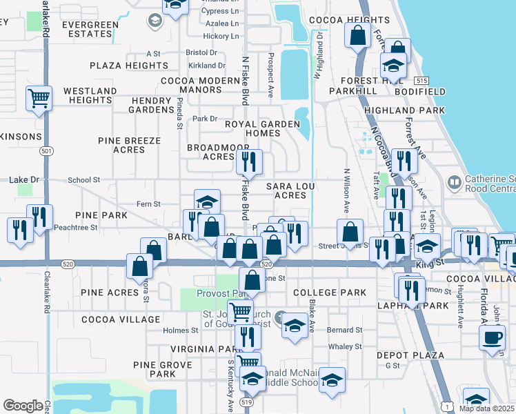 map of restaurants, bars, coffee shops, grocery stores, and more near 924 Fern Street in Cocoa