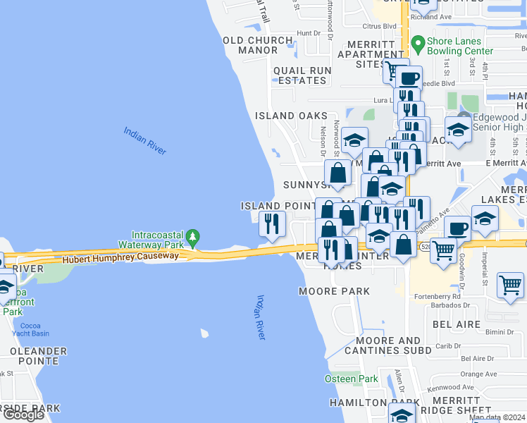 map of restaurants, bars, coffee shops, grocery stores, and more near 123 Starboard Lane in Merritt Island