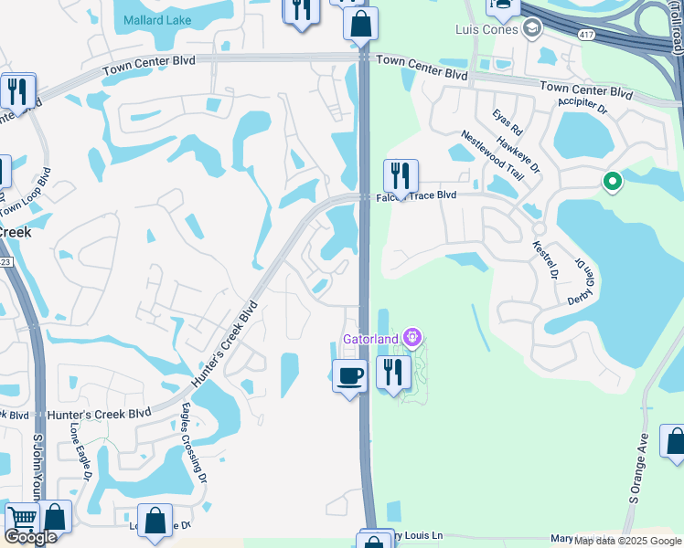 map of restaurants, bars, coffee shops, grocery stores, and more near 2037 Tizewell Circle in Orlando