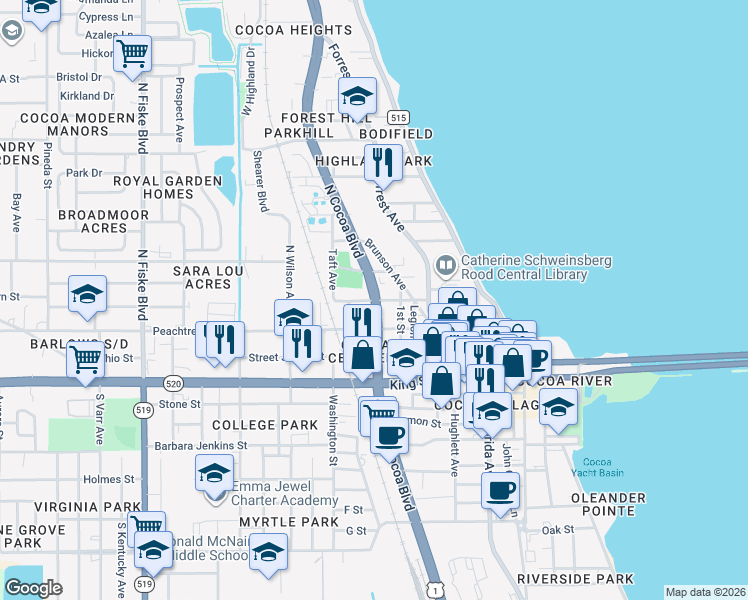 map of restaurants, bars, coffee shops, grocery stores, and more near 203 U.S. 1 in Cocoa
