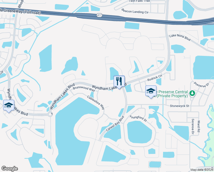 map of restaurants, bars, coffee shops, grocery stores, and more near 14800 Braywood Trail in Orlando