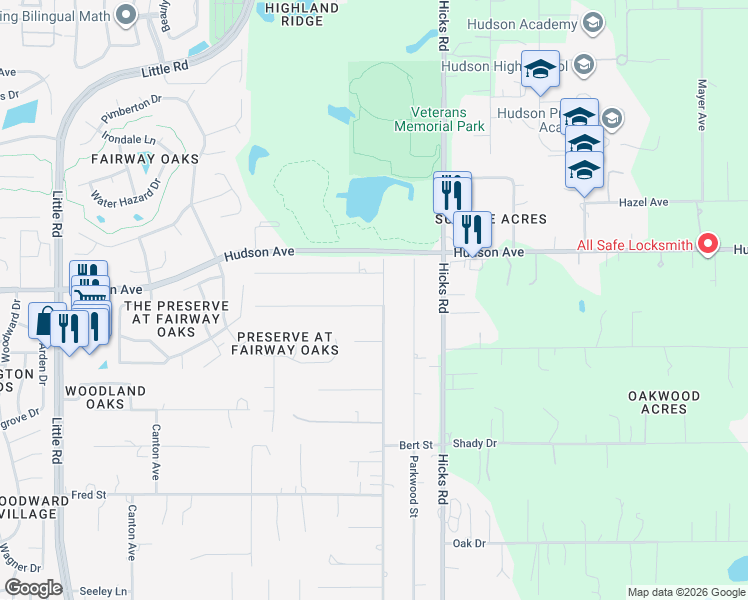 map of restaurants, bars, coffee shops, grocery stores, and more near 9739 Bud Street in Hudson