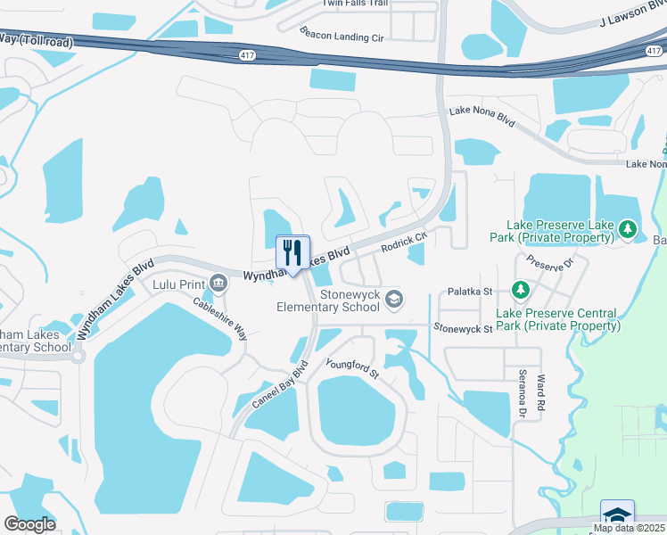map of restaurants, bars, coffee shops, grocery stores, and more near 3422 Rodrick Circle in Orlando