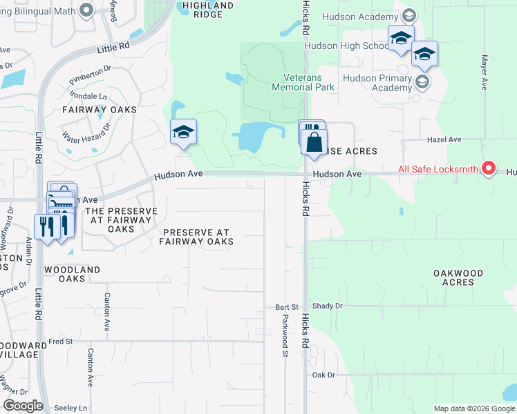 map of restaurants, bars, coffee shops, grocery stores, and more near 9811 Bud Street in Hudson
