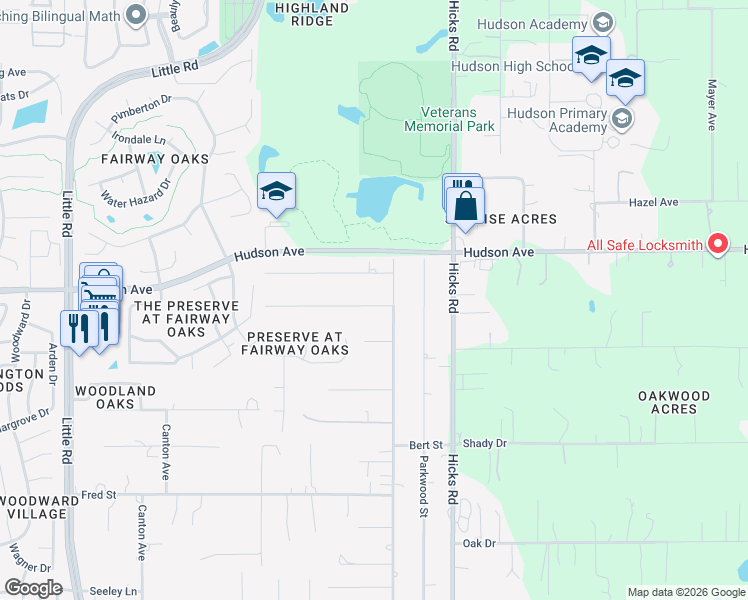 map of restaurants, bars, coffee shops, grocery stores, and more near 9739 Bud Street in Hudson