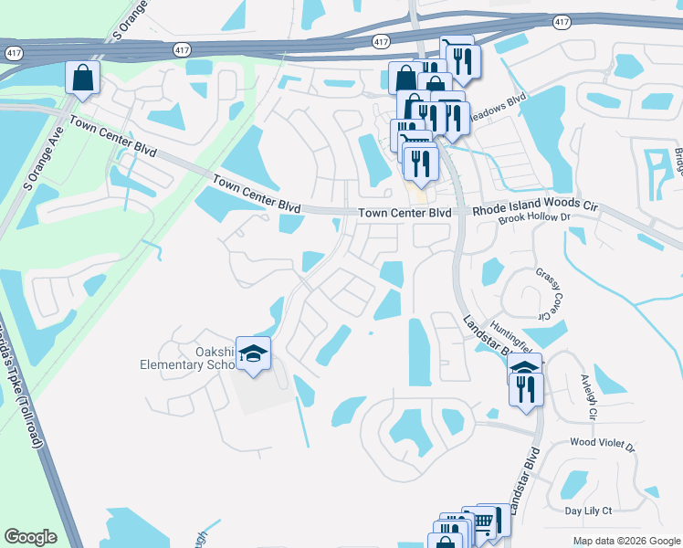 map of restaurants, bars, coffee shops, grocery stores, and more near 1405 Timberbend Circle in Orlando