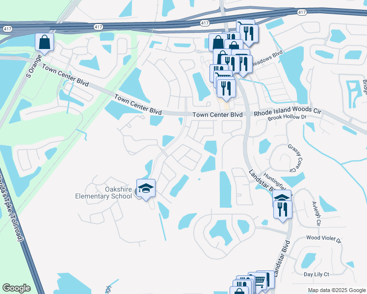 map of restaurants, bars, coffee shops, grocery stores, and more near 1405 Timberbend Circle in Orlando