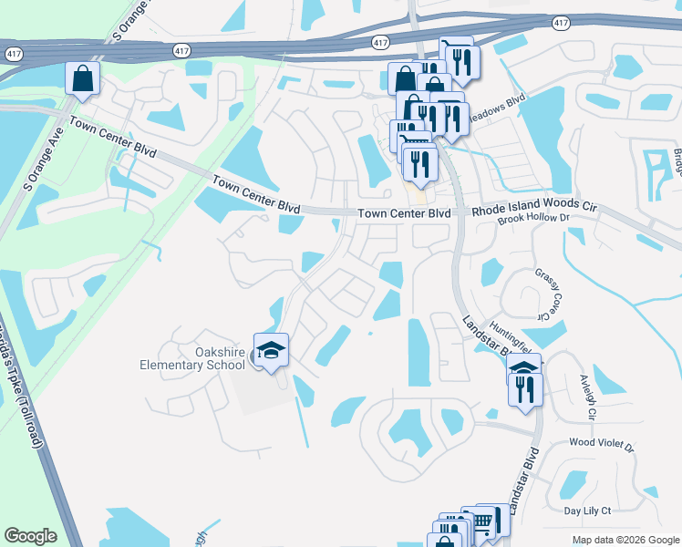 map of restaurants, bars, coffee shops, grocery stores, and more near 1405 Timberbend Circle in Orlando
