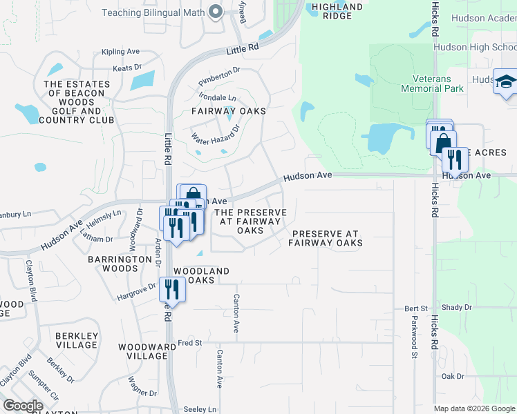 map of restaurants, bars, coffee shops, grocery stores, and more near 9316 Creek Side Court in Hudson