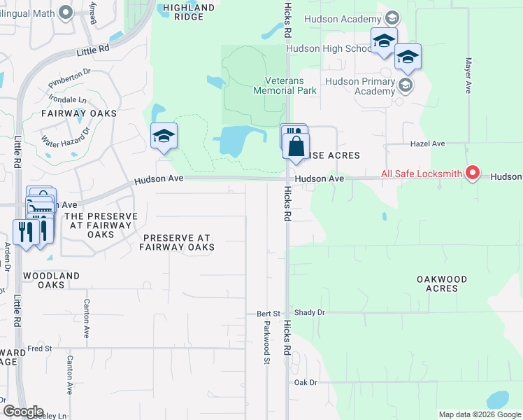 map of restaurants, bars, coffee shops, grocery stores, and more near 13839 Parkwood Street in Hudson