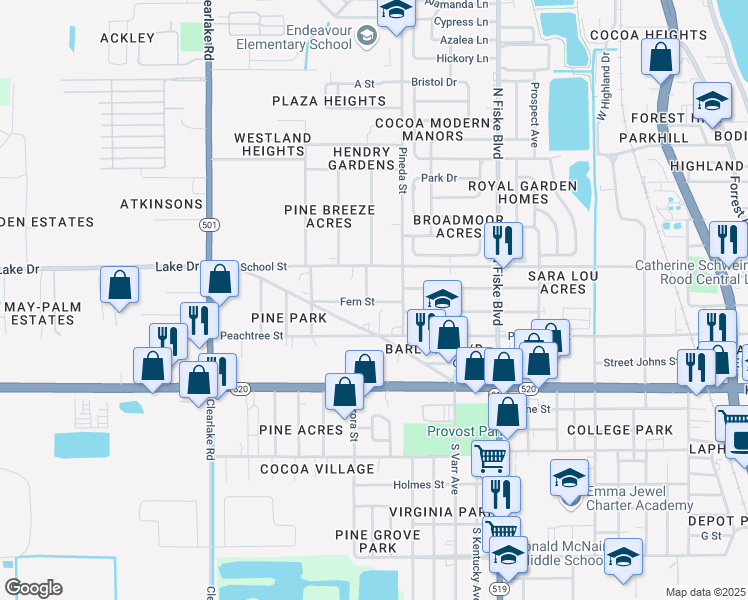 map of restaurants, bars, coffee shops, grocery stores, and more near 1220a Fern Street in Cocoa
